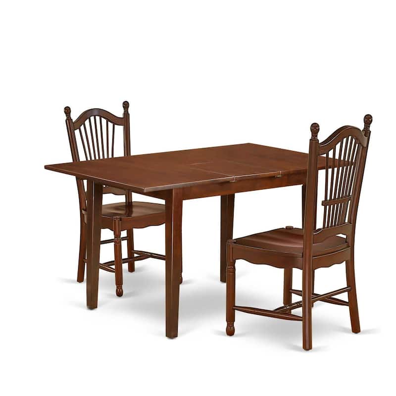 Rustic Kitchen Dining Set - 3 Piece Table & Chair Set, 32x54 Inch, Mahogany Finish