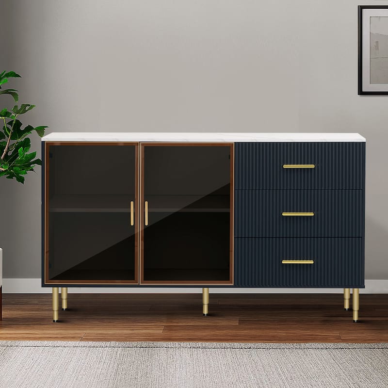 Modern Stylish Wooden Sideboard with 2 Amber-yellow Tempered Glass Doors - Navy Blue