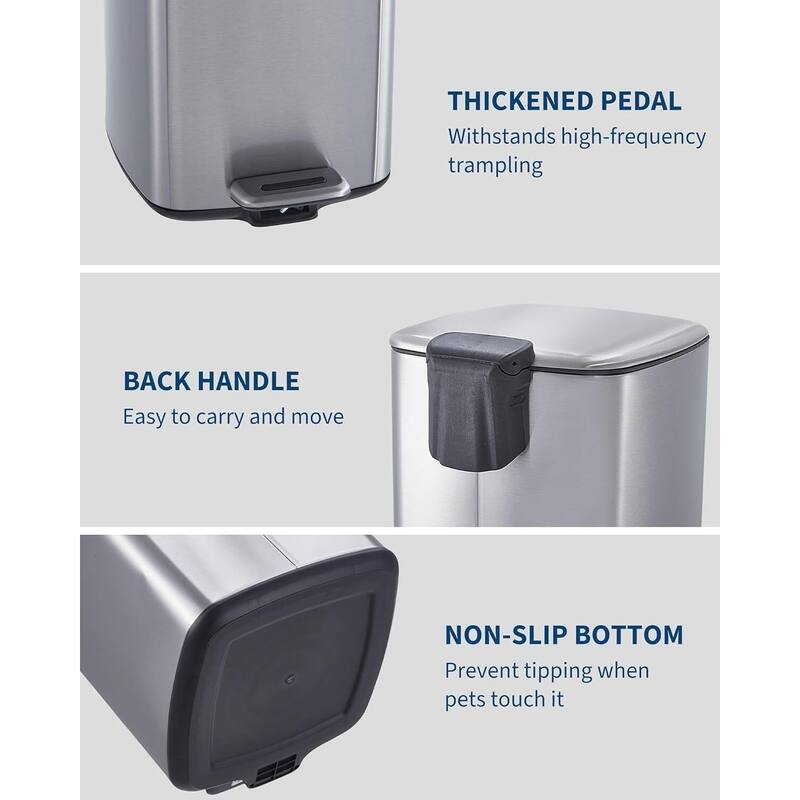 8 Gal / 30L Square Step Trash Can Stainless Steel with Lid and Inner Bucket White