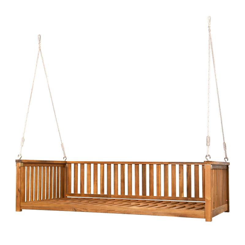 Acacia Wood Twin Size Patio Swing Bed, Outdoor Porch Hanging Bed with Safe Sloped Design and Hemp Ropes for Garden or Backyard