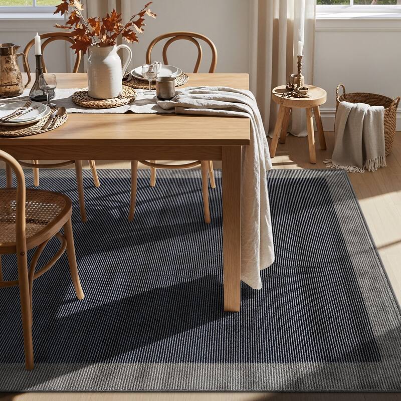 Modern Geometric Stripe Bordered Area Rug for Living Room, Bedroom, or Entryway - Low Pile Indoor Rug