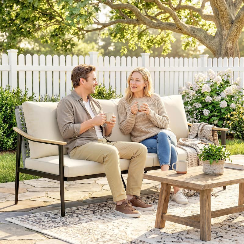 Outsunny Outdoor Patio Couch, 3 Seater Outdoor Sofa with Wood-Effect Armrests and Wicker Backrest