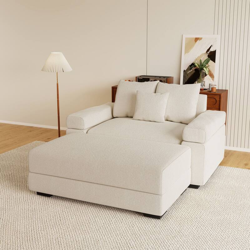 Rossetta Modern 54.3" Oversized Soft Cloud Corduroy Upholstery Extra-Thick Armrests Couch with Throw Pillows, 1 Movable Ottoman