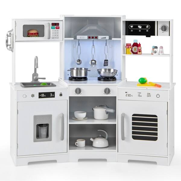 slide 2 of 14, Wooden Pretend Play Kitchen Set with Lights & Sounds, Dual Stoves, Range Hood, Ice-Maker Fridge & Ample Storage White