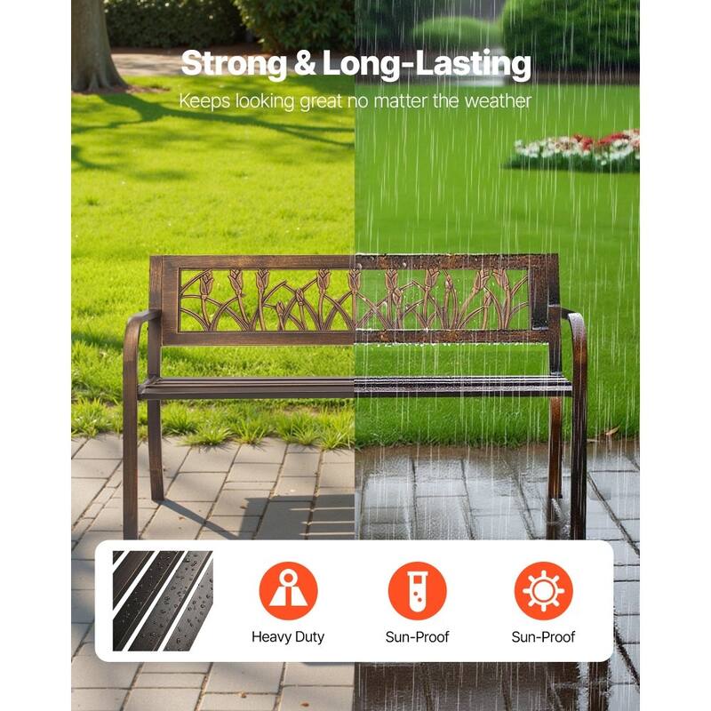 50 Inch Antique Bronze Outdoor Patio Bench with Steel Frame and Floral PVC Backrest for 2-3 People - 50” x 20.5” x 30.3”
