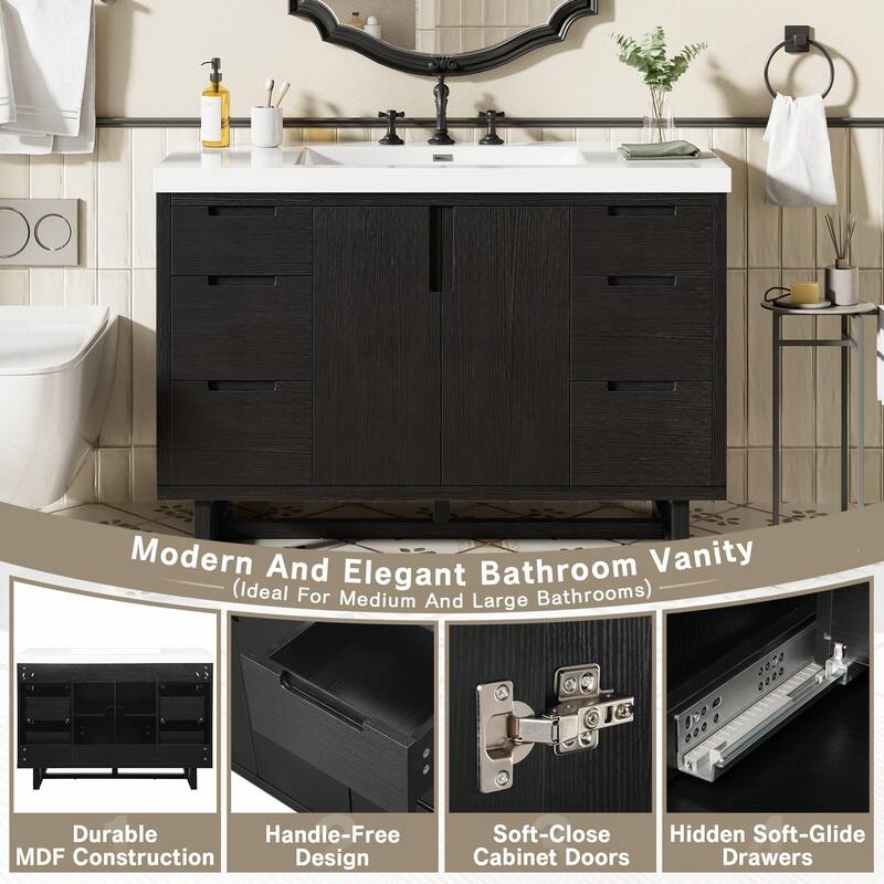 47.2" Modern Bathroom Vanity with Resin Sink, 2 Doors & 6 Drawers, Hidden Soft-Close Slides, Space-Saving Storage Cabinet