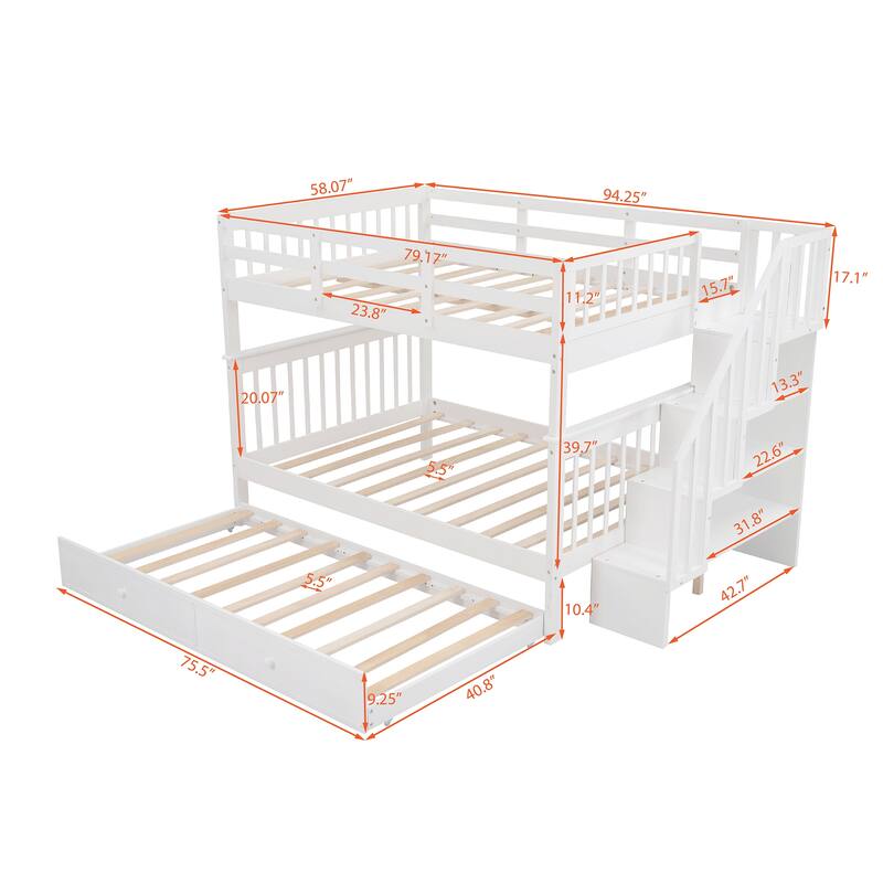 Stairway Full-Over-Full Bunk Bed with 1 Twin Trundle, 4 Open Shelves and Guard Rail