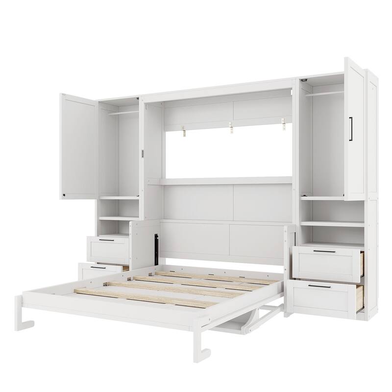 Queen Size Wall Bed with Closet, Drawers, and Shelves in White