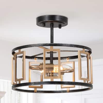 Zeci Mid-century Modern Metal Drum Semi Flush Mount Black Gold Geometric Glass Ceiling Light for Foyer