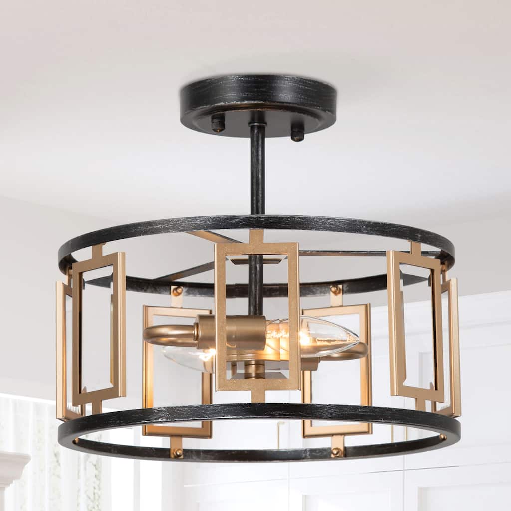 Zeci Mid-century Modern Metal Drum Semi Flush Mount Black Gold Geometric Glass Ceiling Light for Foyer