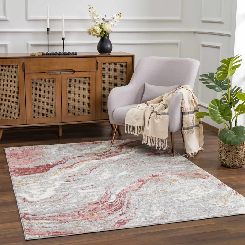 Hauteloom Liverpool Living Room, Bedroom Area Rug - Contemporary - Off White,Medium Gray,Light Gray - 9'2" x 12' - 5'3" x 7' - Off White, Light Grey, Mustard, Pink/ Liverpool