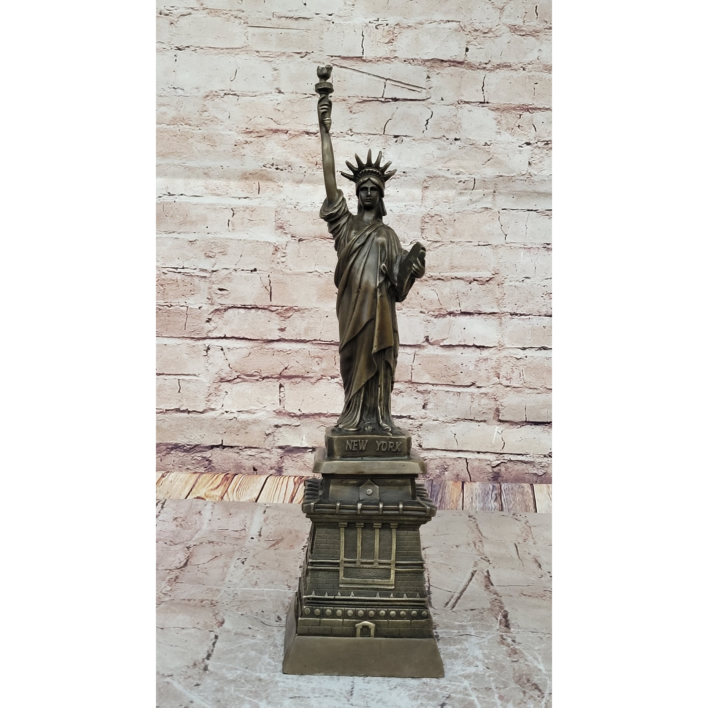 Statue Of Liberty Bronze Metal Sculpture Replica Signed Art 17.5 Inches X 4.5 Inches