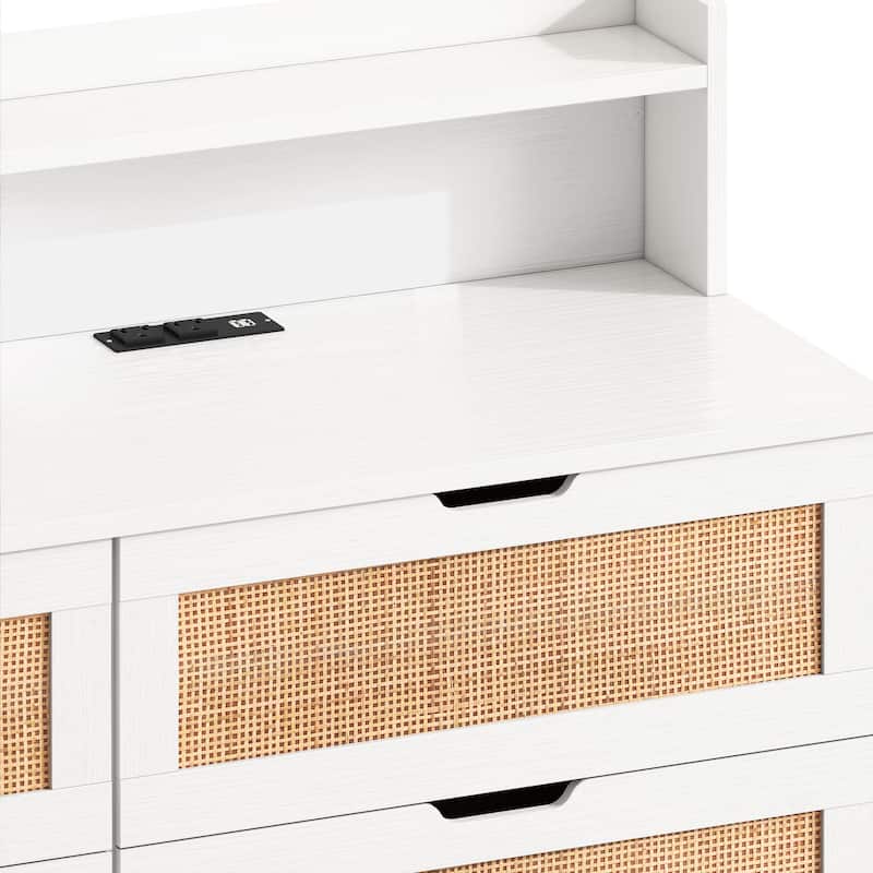 6-Drawers Rattan Storage Cabinet with LED Lights and Power Outlet - White