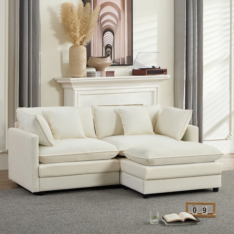 Mixoy 77''L-Shaped Modular Deep Seat Sofa, Modern Chenille Loveseat Cloud Sofa with Ottoman and Thickened Cushions - 2+1 - BEIGE