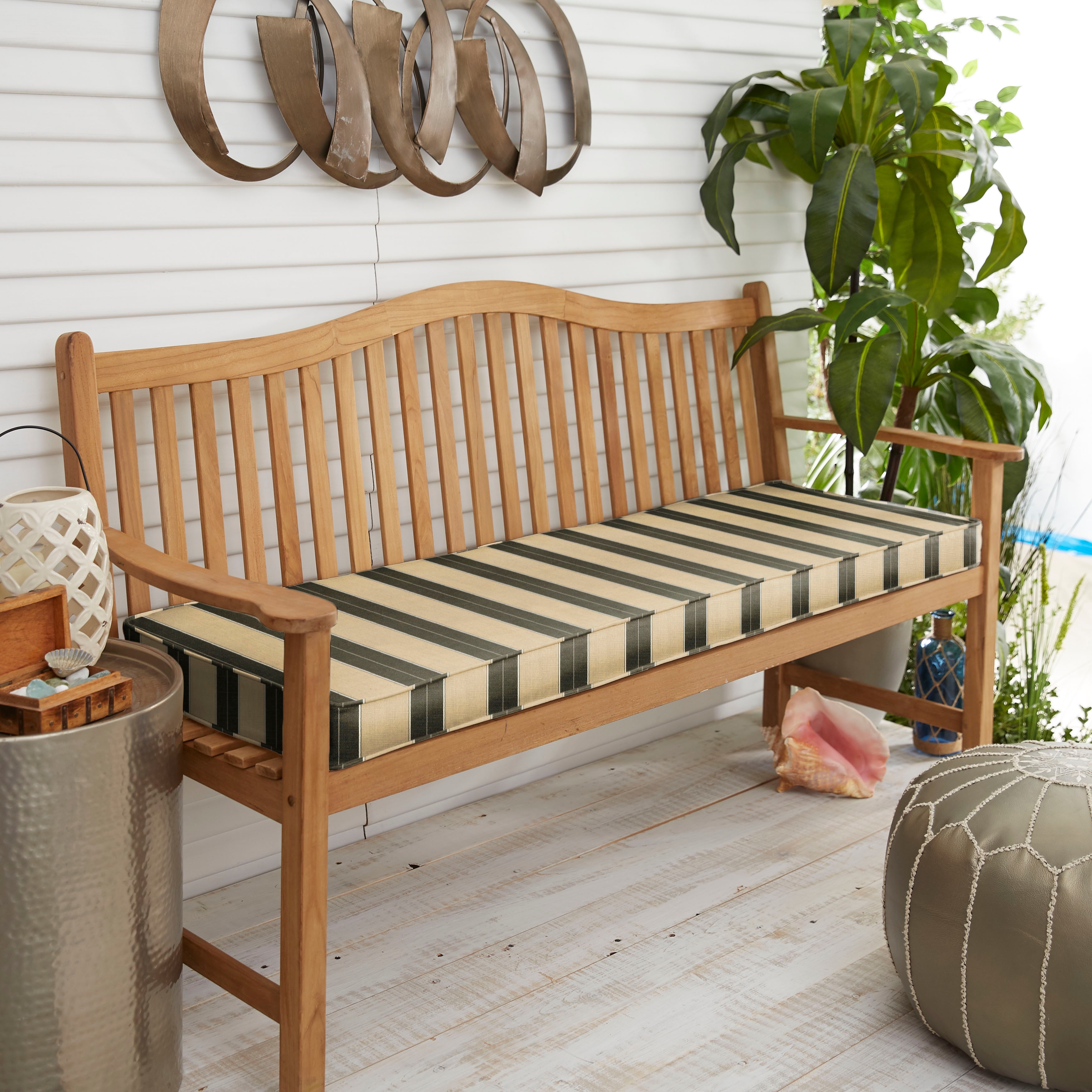 Sunbrella Beige Black Stripe Indoor/Outdoor Bench Cushion 37" to 48", Corded
