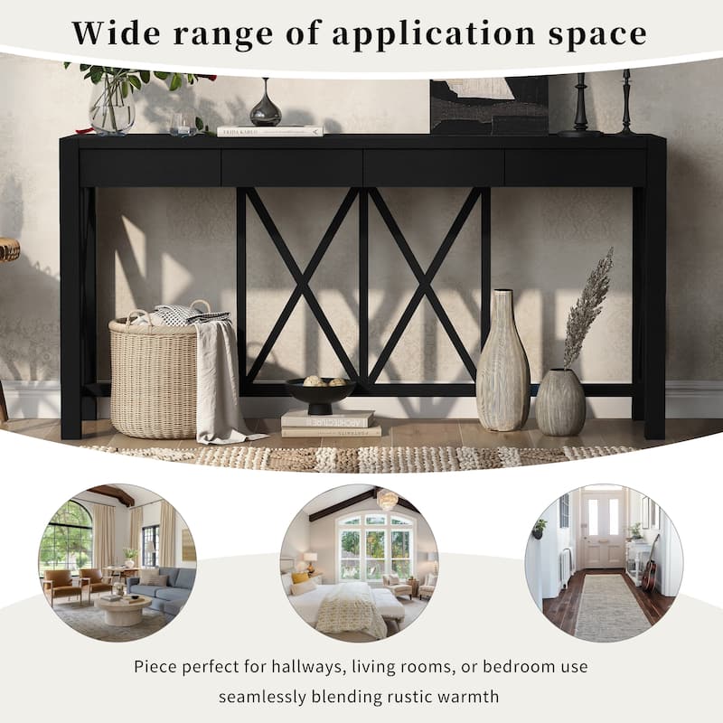 60''Acacia Veneer Console Table With 4 Spacious Drawers,Entryway Table With Open Bottom Storage,Farmhouse Sofa Table