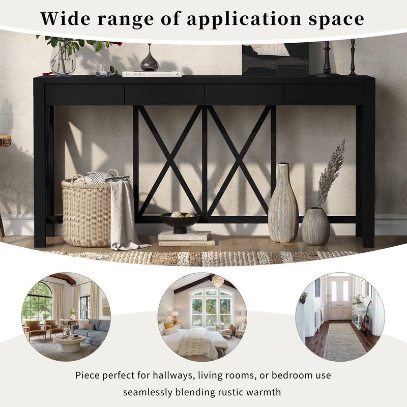 Acacia Veneer Console Table Entryway Table with 4 Drawers and X-Leg, Farmhouse Sofa Table with Open Bottom Storage