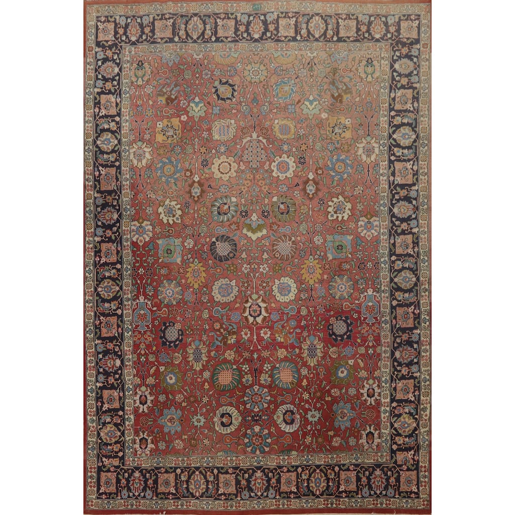 Hand Knotted Oriental 100% Wool Carpet Traditional Floral Oranges & Rust Tabriz Area Rug - 12' 11'' X 9' 8''