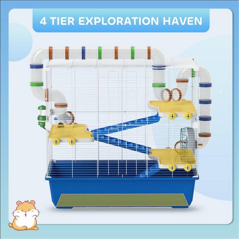 Blue Metal Hamster Cage with Tubes, Wheel, Ramps and Accessories - 30.7" L x 17.7" W x 28.7" H
