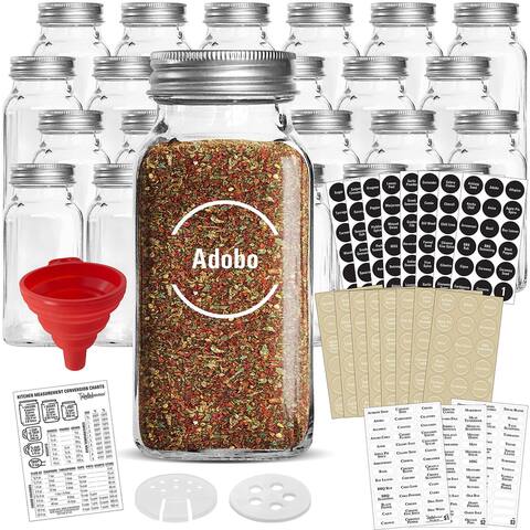 24 Large Glass Spice Jars w/2 Types of Preprinted Spice Labels, Commercial Grade