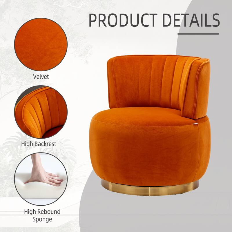 Swivel Barrel Chair, Comfy Velvet Upholstered Accent Sofa Chair, Leisure Club Chair with Shell-Shaped Back & Angled Armrests
