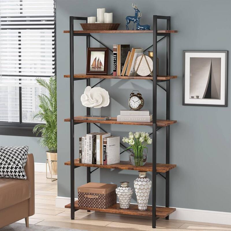 Modern Industrial 5 Tier Bookcase with Rustic Brown Shelves and Black Metal X Back Frame - 31.49" x 11.02" x 62.99"