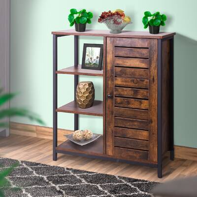 Wooden Storage Cabinet with Shutter Door and 3 Compartments, Rustic Brown
