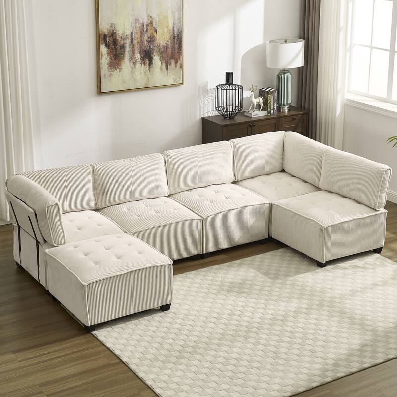 Ergonomic Lounge Modular Couch Corduroy Sectional Sofa with Deep Seat Ottoman Chaise and High-Rebound Thick Cushions