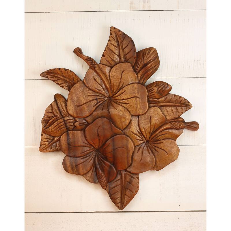 Tropical Hibiscus Wall Art - Hand Carved Wooden Floral Panel, Boho Botanical Decor - 13" tall x 11" wide x 1" deep