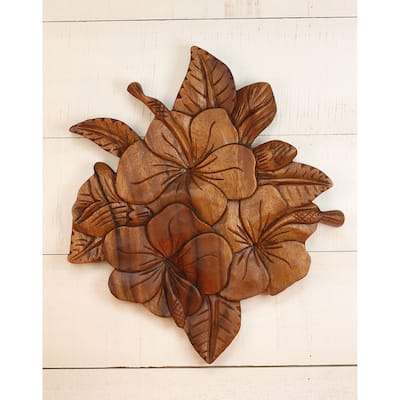 Tropical Hibiscus Wall Art - Hand Carved Wooden Floral Panel, Boho Botanical Decor