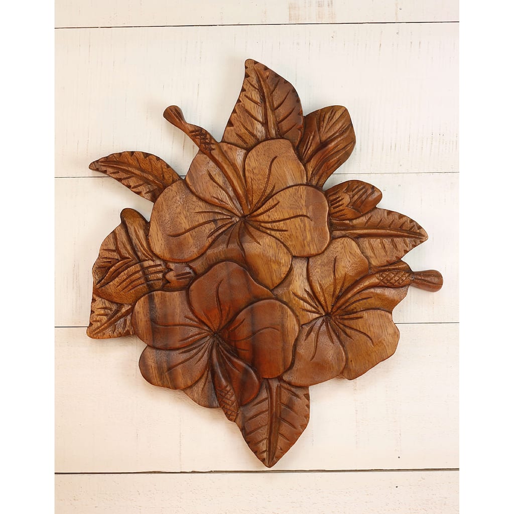 Tropical Hibiscus Wall Art - Hand Carved Wooden Floral Panel, Boho Botanical Decor