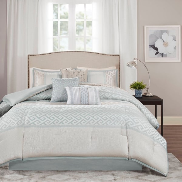 slide 2 of 40, Madison Park Christian 7-piece Geometric Jacquard Comforter Set Aqua - California King