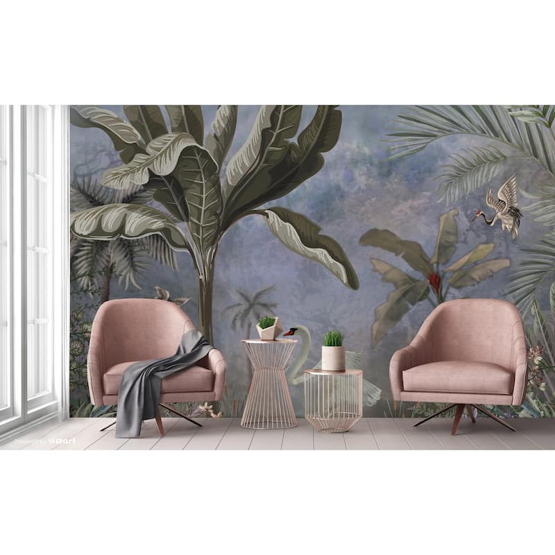 Swan and Palm Scenic Wallpaper Mural - Blue - W:131" x H:118"