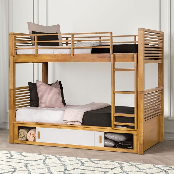 slide 2 of 7, Furniture of America Ogden Oak Solid Wood Twin Over Twin Bunk Bed with Attached Ladder Light Oak