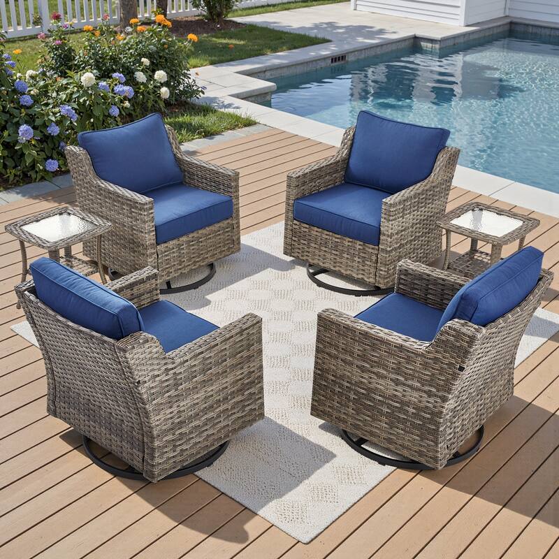 Pocassy Wicker Patio Sofa Glider Swivel Chair Ottoman Furniture Set. - Blue Cushion Gray Wicker - 6-Piece Swivel Chair Table Set