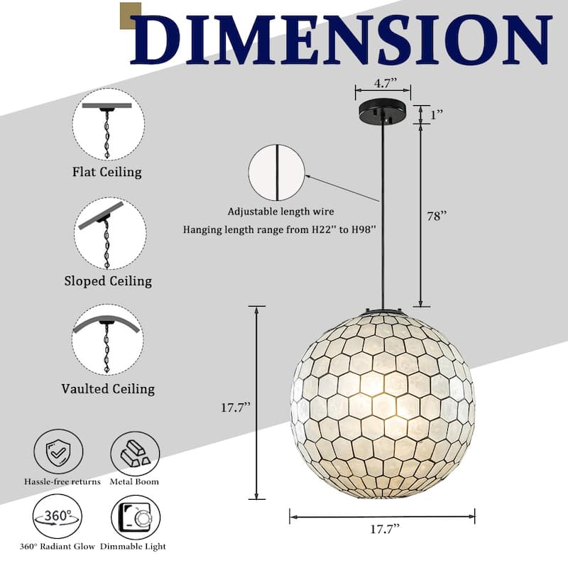 3-Light 18'' Matte Black Cosatal Natural CAPIZ SHELL Globe Lantern Chandelier Glam Hanging Light For Living Room Dining Room