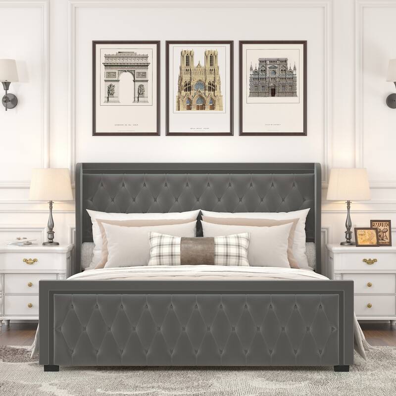 King Velvet Platform Bed Frame with High Headboard and LED Light Bed