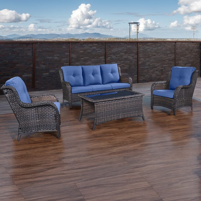 Pocassy 4-Piece Outdoor Sofa Patio Chair with Coffee Table - Brown/Blue