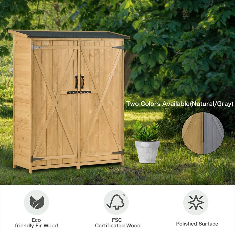 5.3ft Hx4.6ft L Wood Storage Shed Tool Organizer Storage Cabinet with Waterproof Asphalt Roof, Double Doors, 3-tier Shelves