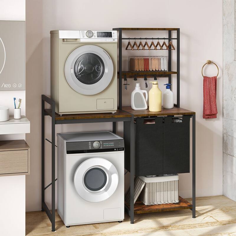 Moasis 2-Tier Laundry Room Storage Organization with Storage Shelves ＆Laundry Hamper - Brown
