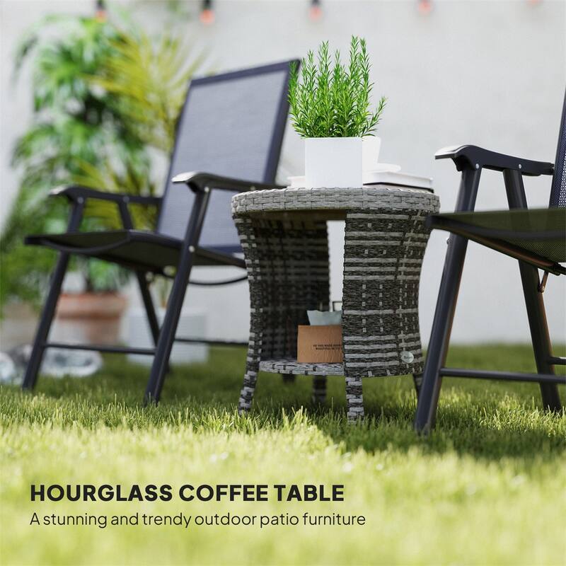 Steel PE Rattan WPC 2-Tier Hourglass Outdoor Side Table - 18.1" Dia. x 19.7" H