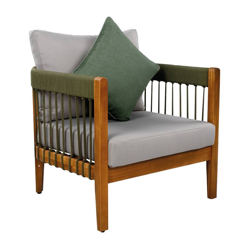 Acacia Wood Outdoor Club Chair with Handwoven Rope Accents & Curved Backrest - Water-Resistant with Removable Cushions