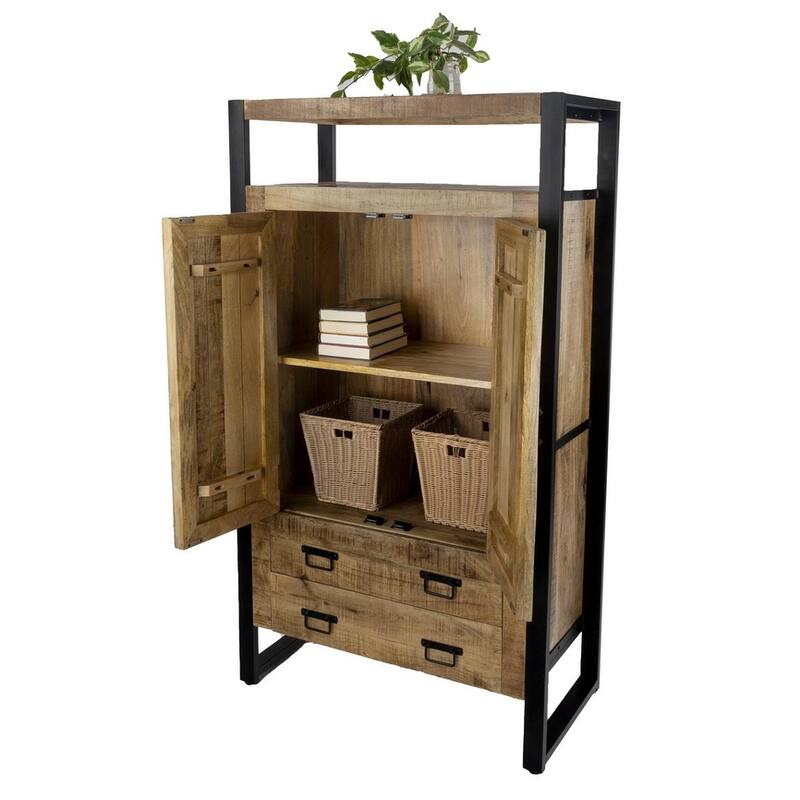 63" Industrial Storage Cabinet Solid Mango Wood and Iron Frame with Two Drawers
