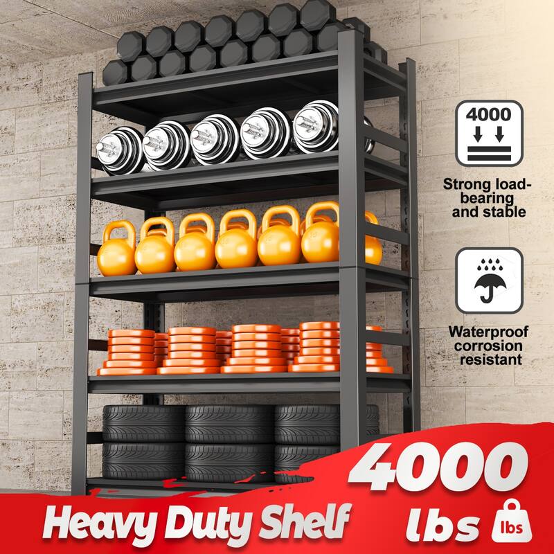 87 "H heavy-duty storage rack, five layer adjustable metal shelf, suitable for tool rooms, garages, supermarkets, etc., black, r