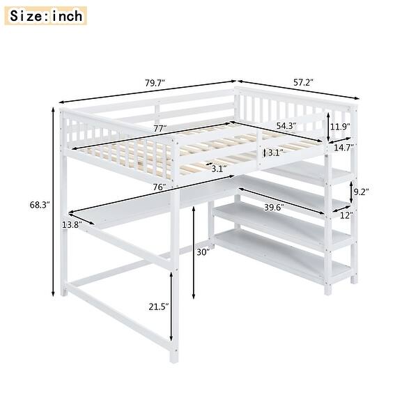 White Solid Wood Loft Bed with Integrated Desk, Storage Shelves, Stable ...