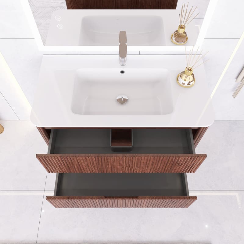 Wall-Mounted Bathroom Vanity in Walnut with Integrated White Ceramic Sink