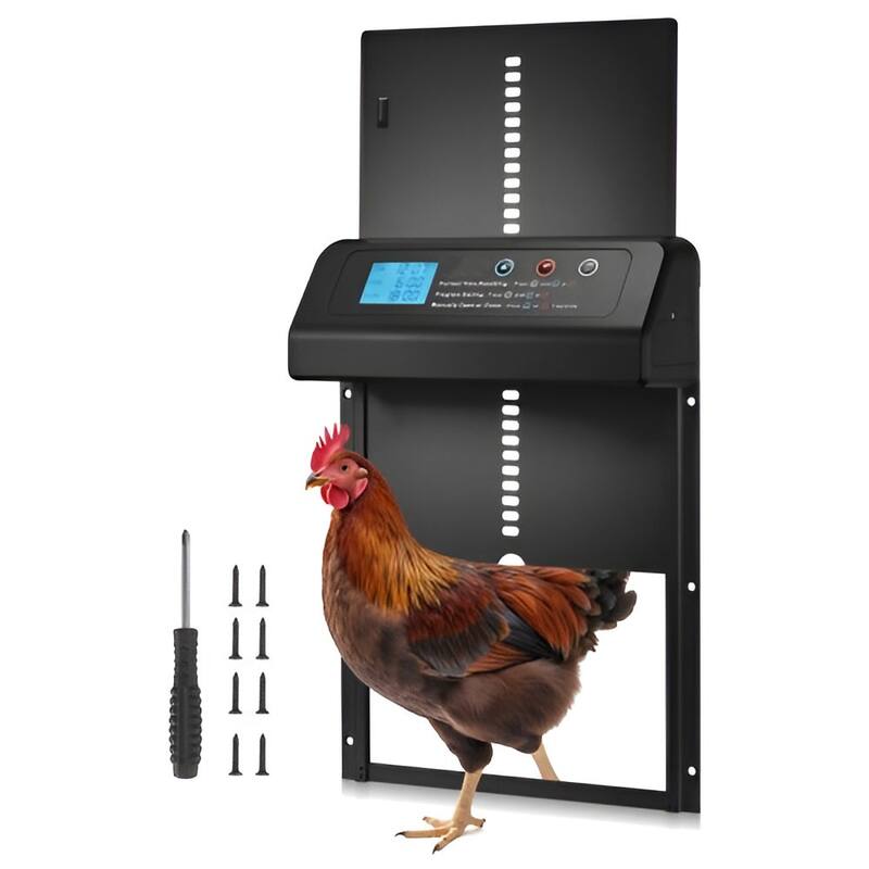 Battery Powered Automatic Chicken Coop Door with Timer Manual Control Aluminum Alloy Electric Poultry Door - Black - Black