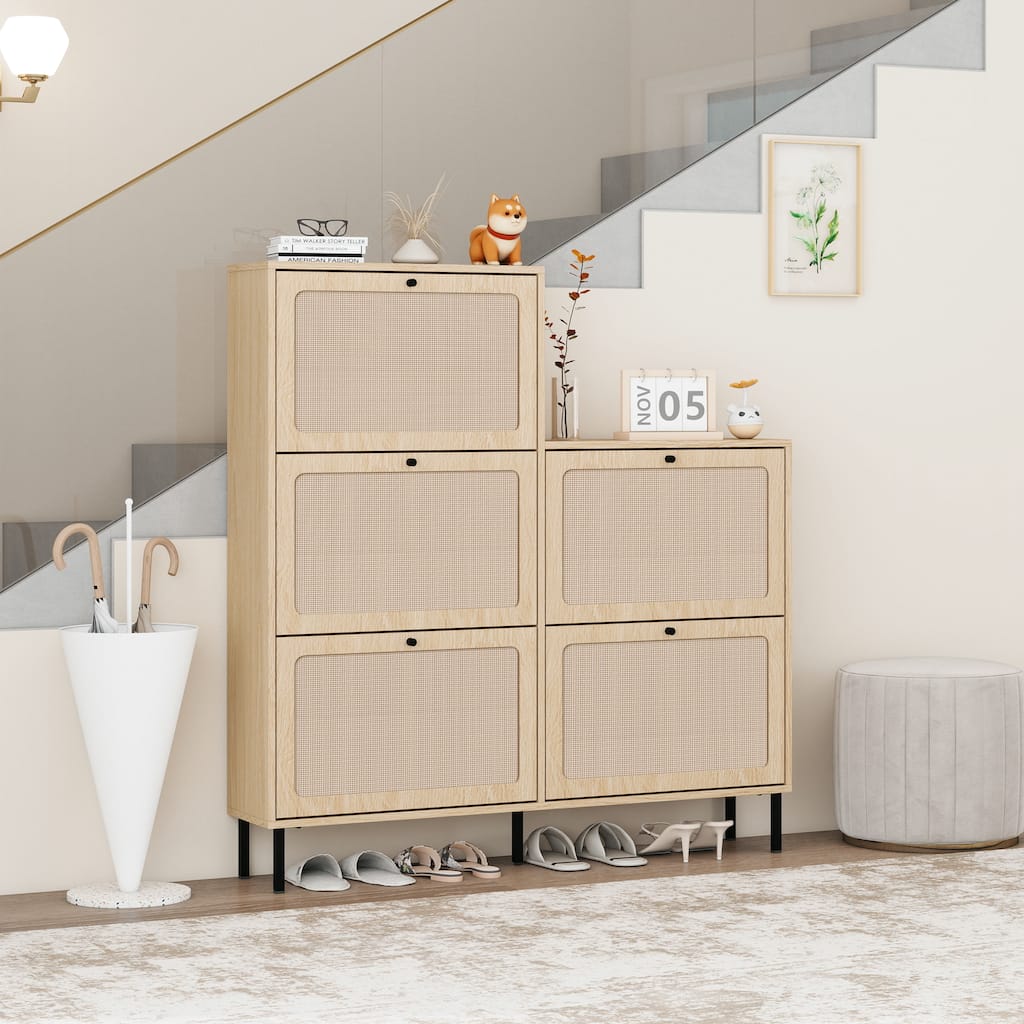 Rattan 5 Door Shoe Rack, Freestanding Modern Shoe Storage Cabinet, for Entryway