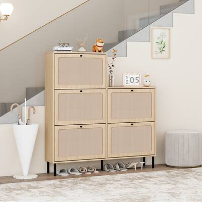 Rattan 5 Door Shoe Rack,Freestanding Modern Shoe Storage Cabinet for Entryway