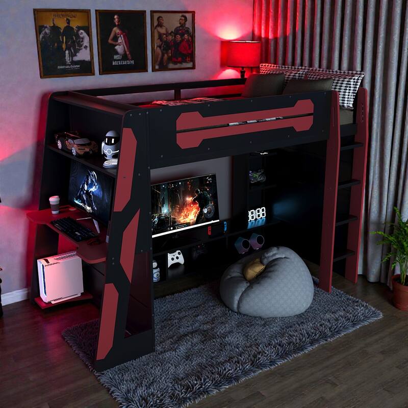 Twin Size Gaming Loft Bed with Desk, Multi-Storage Shelves, RGB Light Strip, Wood Frame, Esports Style Setup
